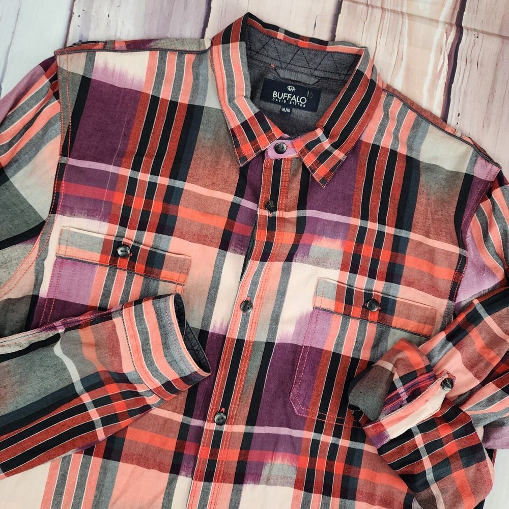Buffalo David Bitton Sayor shirt Mens XL Plaid Flip Cuff Roll Sleeve Strap Nice!